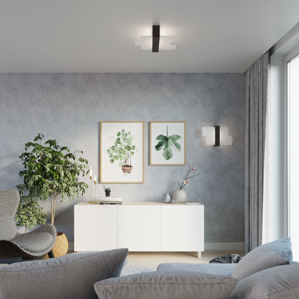 Modern living room with gray textured wall white sideboard plant prints and FENIKS 1 wall lamp for living room
