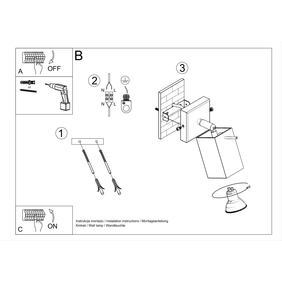 Installation guide for the MERIDA Rectangular Black Wall Lamp with step-by-step instructions