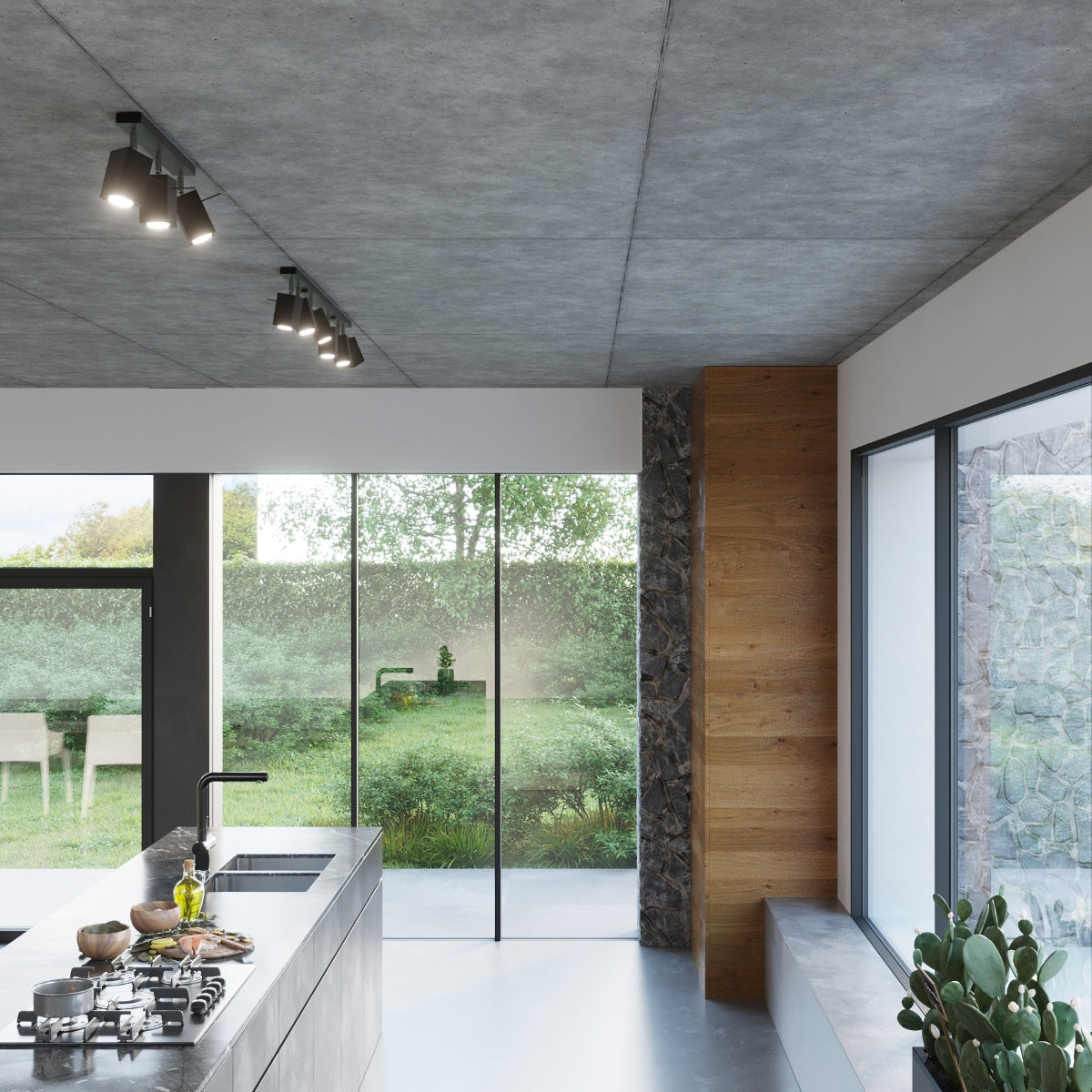 Stylish MERIDA Rectangular Black Wall Lamp enhancing a modern kitchen with natural light
