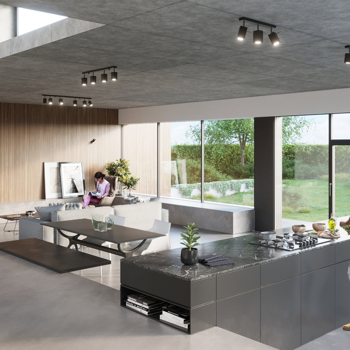 Stylish MERIDA Rectangular Black Wall Lamp illuminating a modern kitchen with grey decor