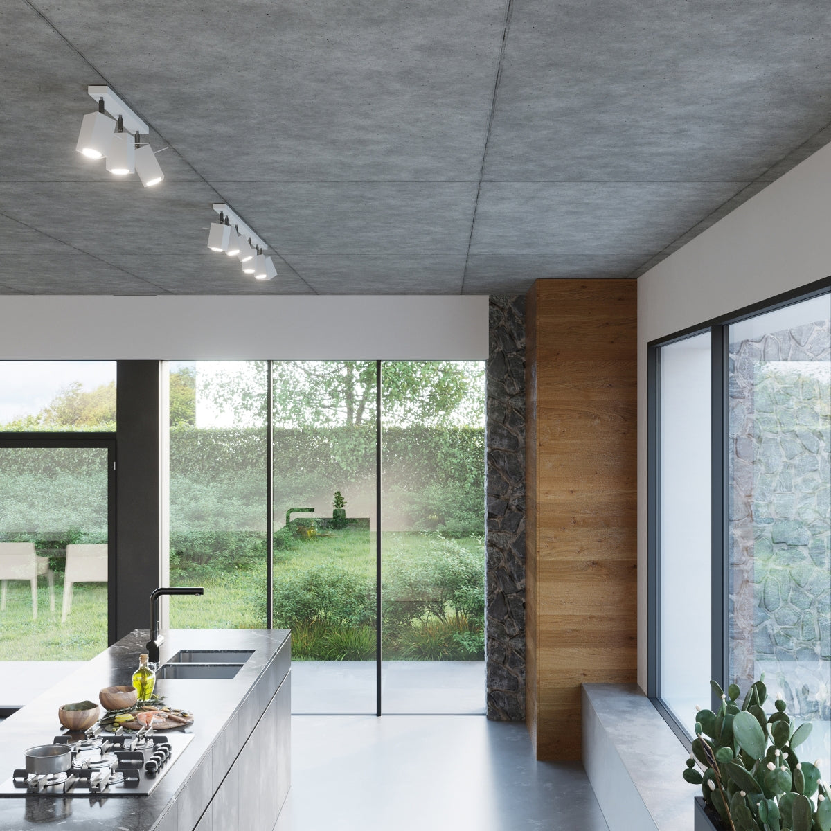 Stylish kitchen featuring MERIDA Rectangular White Wall Lamp illuminating modern decor and large windows