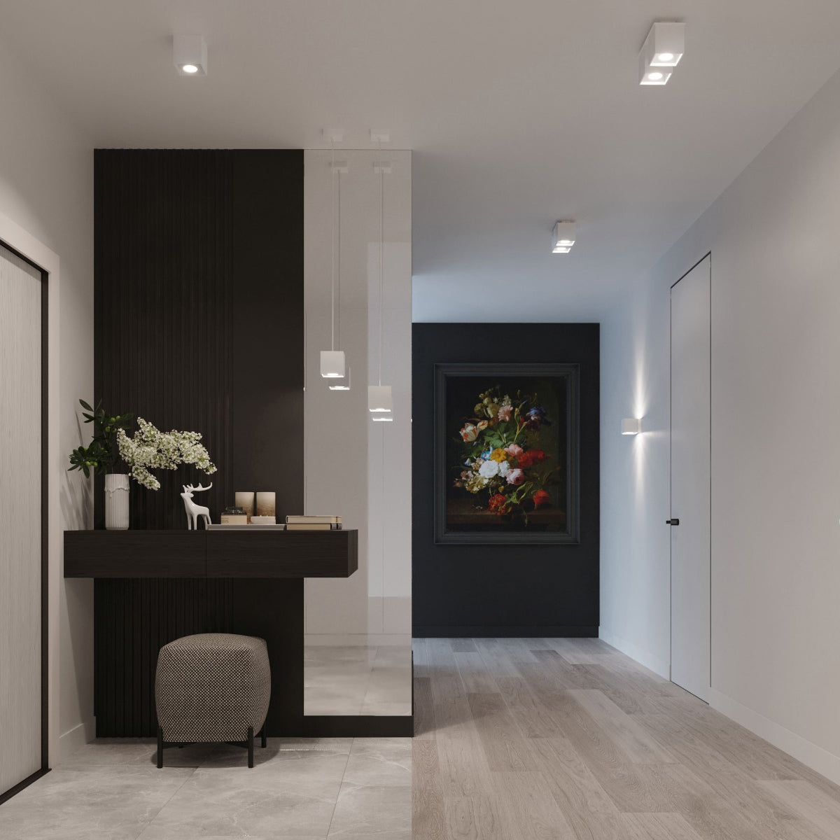 Modern cube white wall lamp by Sollux Lighting illuminating a stylish hallway with dark and light contrasting walls