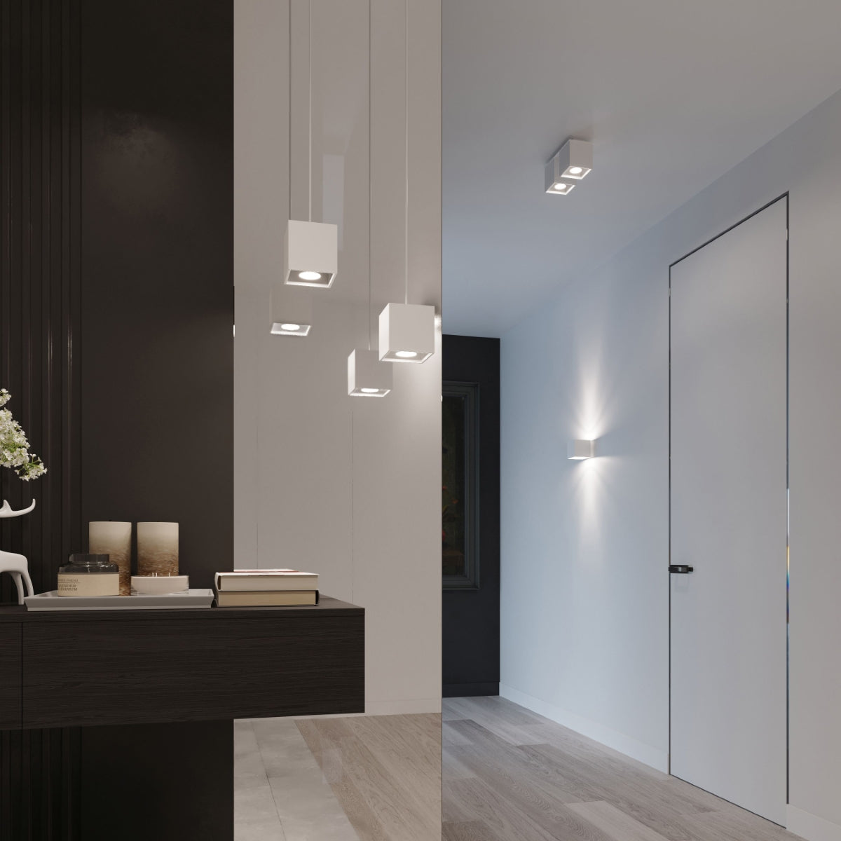 Modern cube white wall lamp installed in a minimalist hallway with wooden flooring and white walls