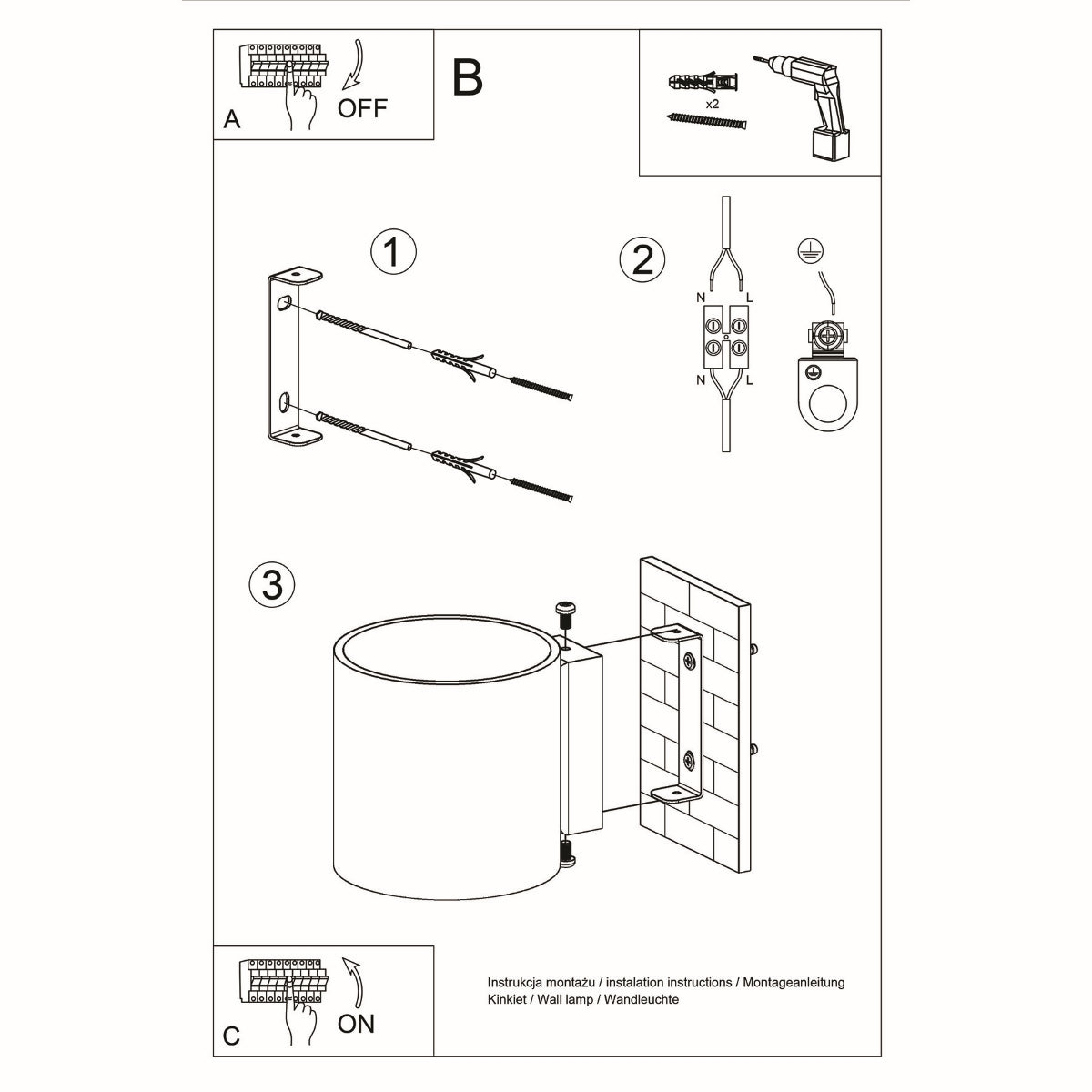 Installation instructions diagram for ORBIS 1 wall lamp by Sollux Lighting showing mounting and wiring steps