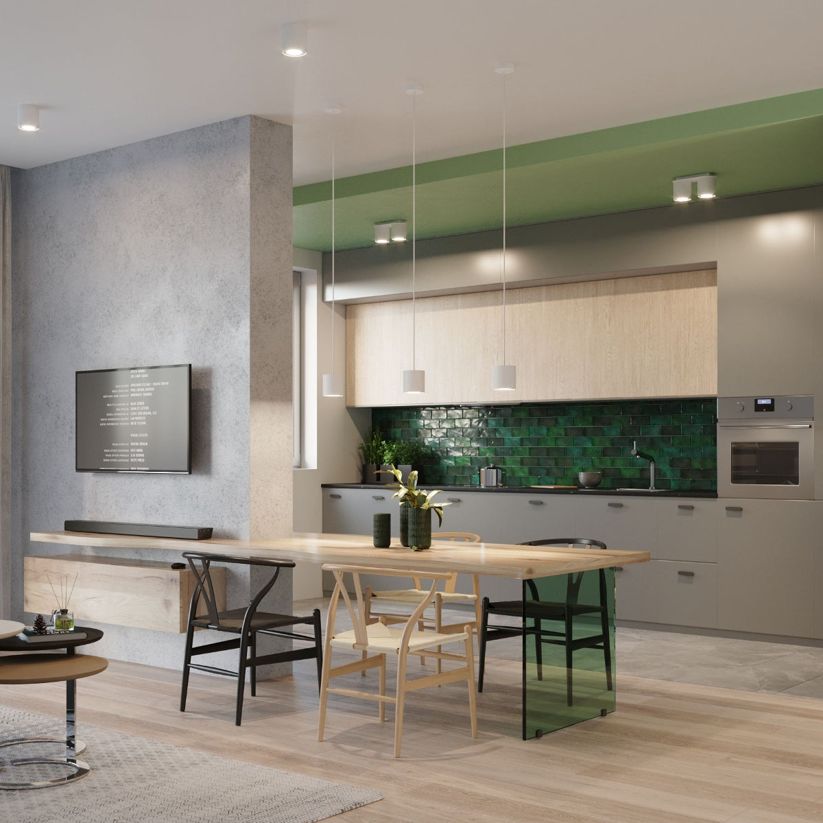 Modern kitchen and dining area with green tiled backsplash and ORBIS 1 wall lamp from Sollux Lighting