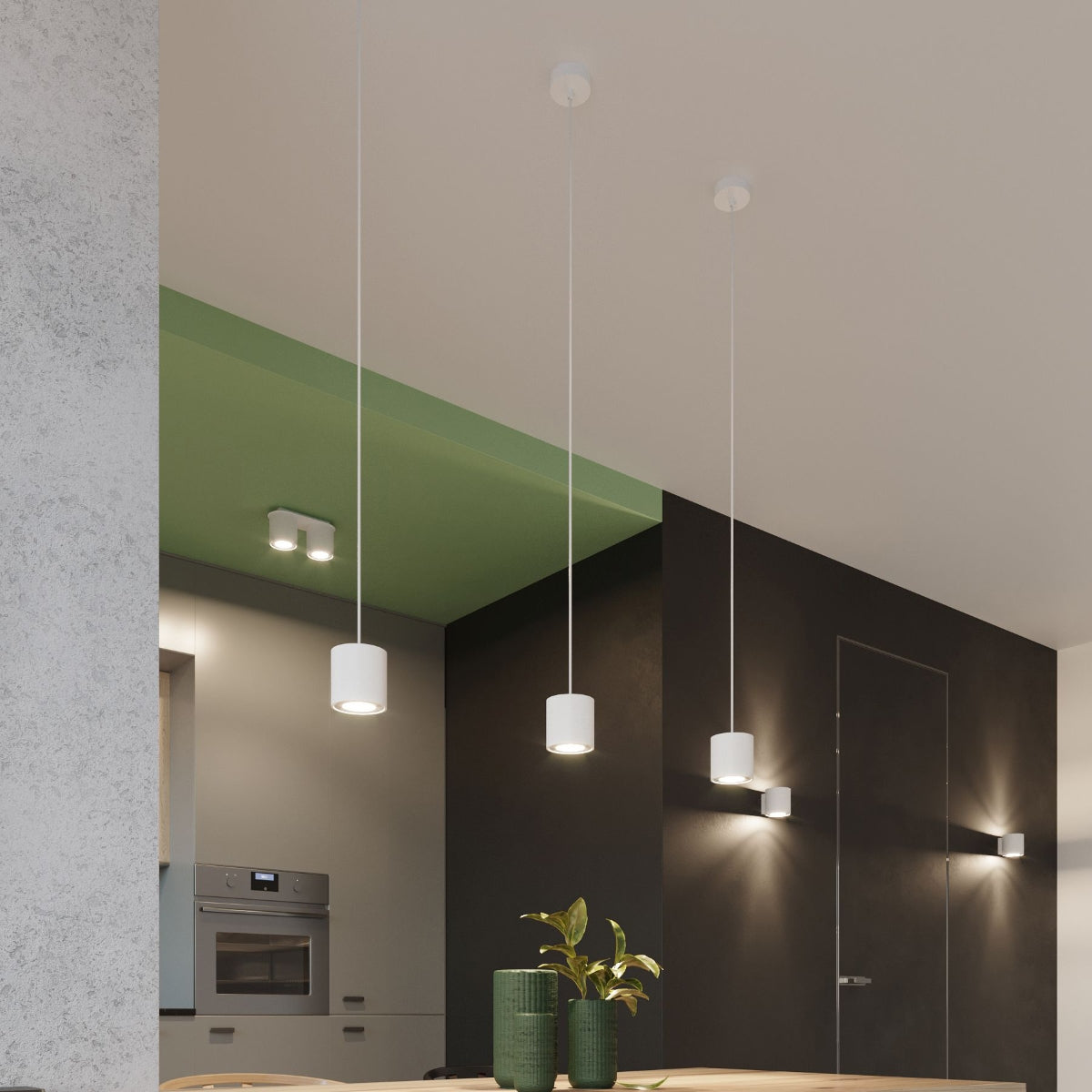 Modern kitchen with green accents and ORBIS 1 wall lamp by Sollux Lighting illuminating the dark wall
