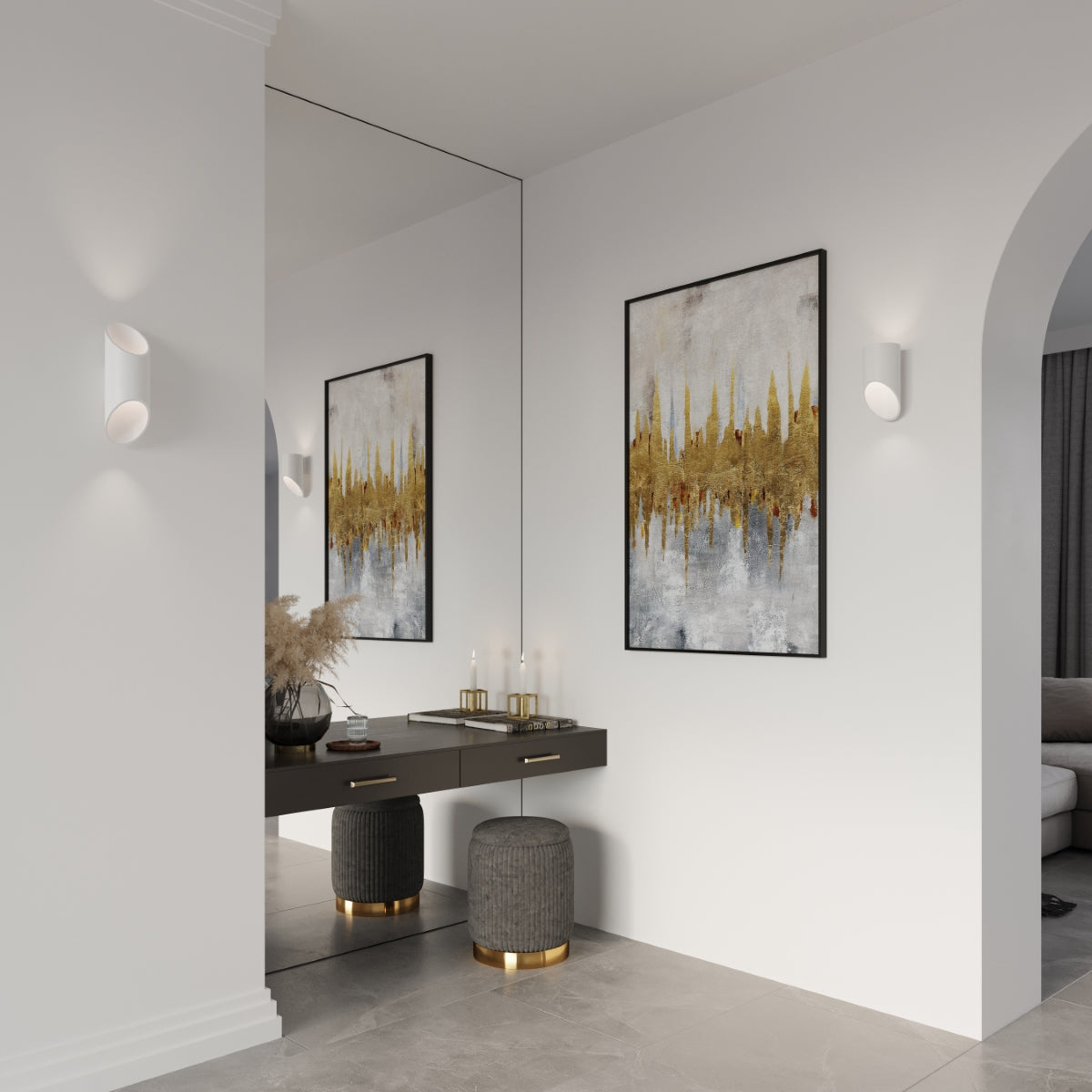 Stylish Sollux Lighting PENNE 20 white wall lamp illuminating a modern hallway with elegant decor