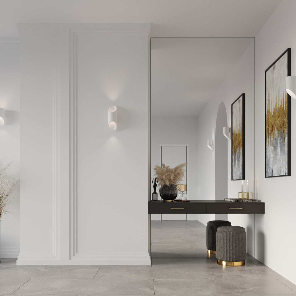 Stylish interior featuring PENNE 20 white wall lamp illuminating a chic hallway with modern decor