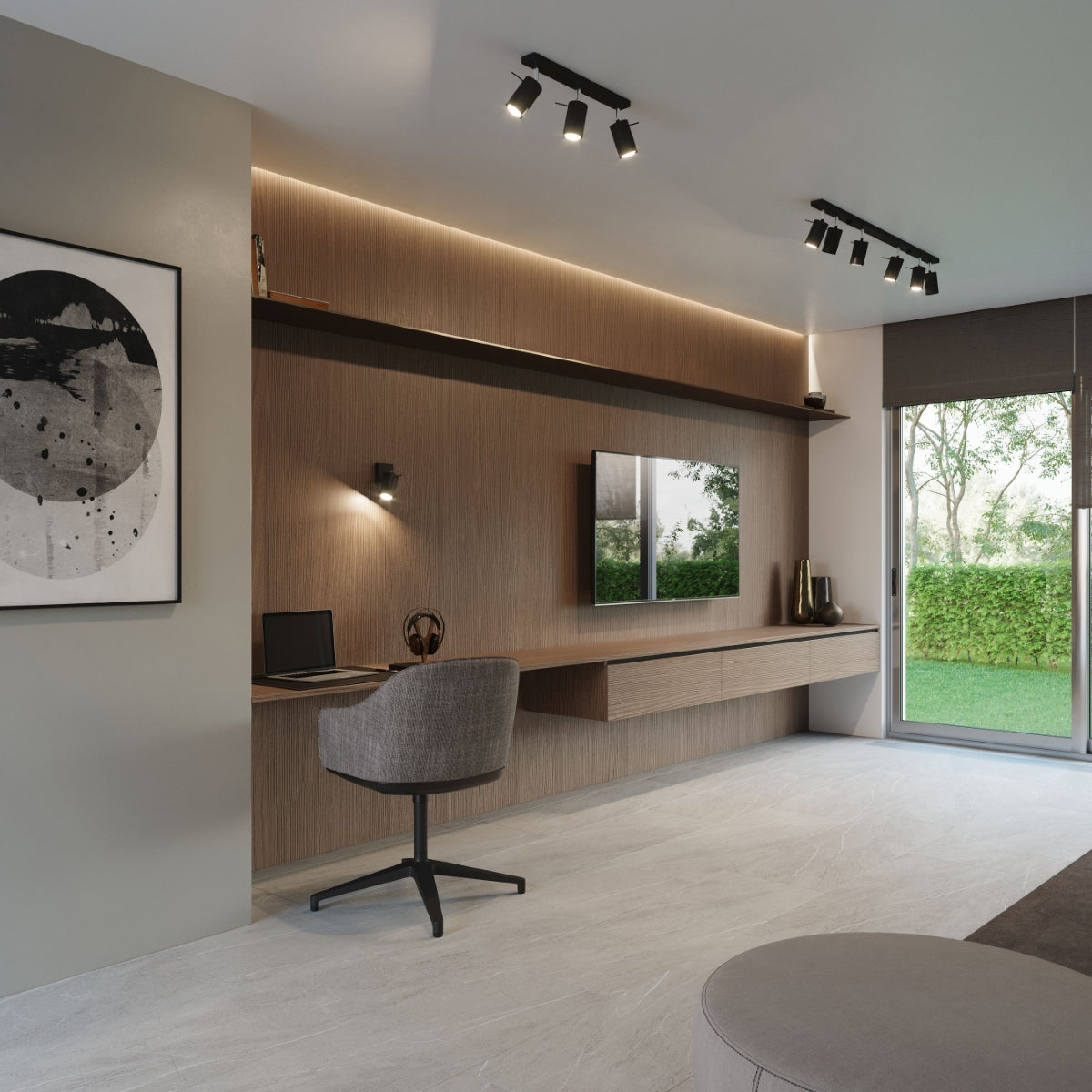 Stylish interior featuring RING Black Minimalist Wall Lamp complementing a modern workspace design