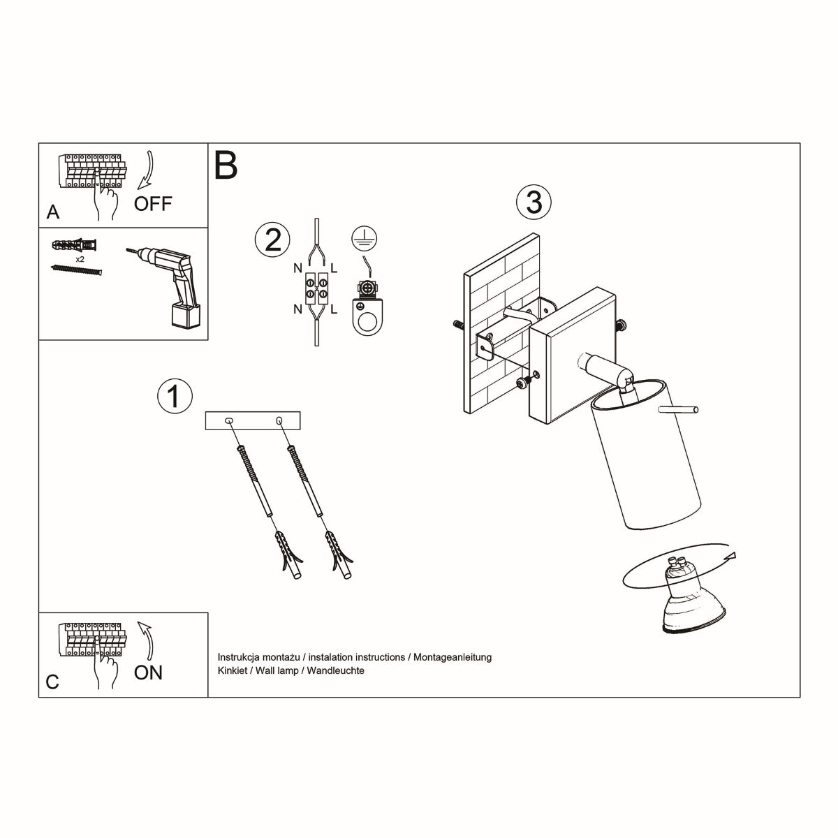 Installation guide for RING Black Minimalist Wall Lamp showing assembly steps and tools needed.