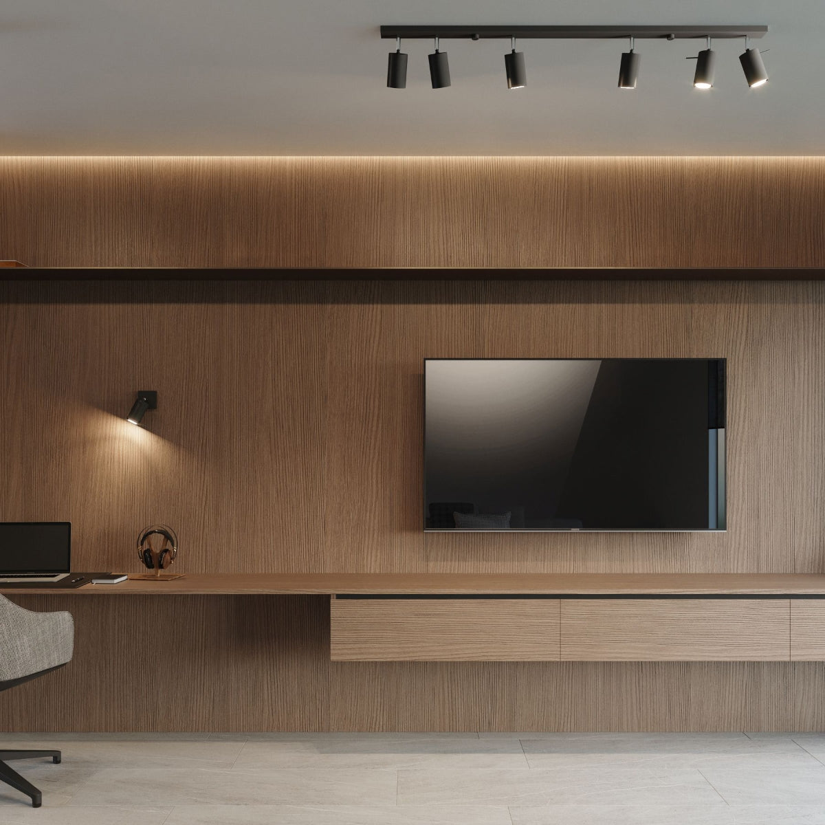 Stylish RING Black Minimalist Wall Lamp illuminating a modern wood-paneled living space with a sleek design