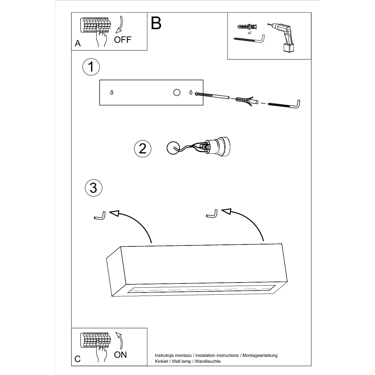 Installation instructions diagram for VEGA ceramic wall sconce by Sollux Lighting showing wiring and mounting steps