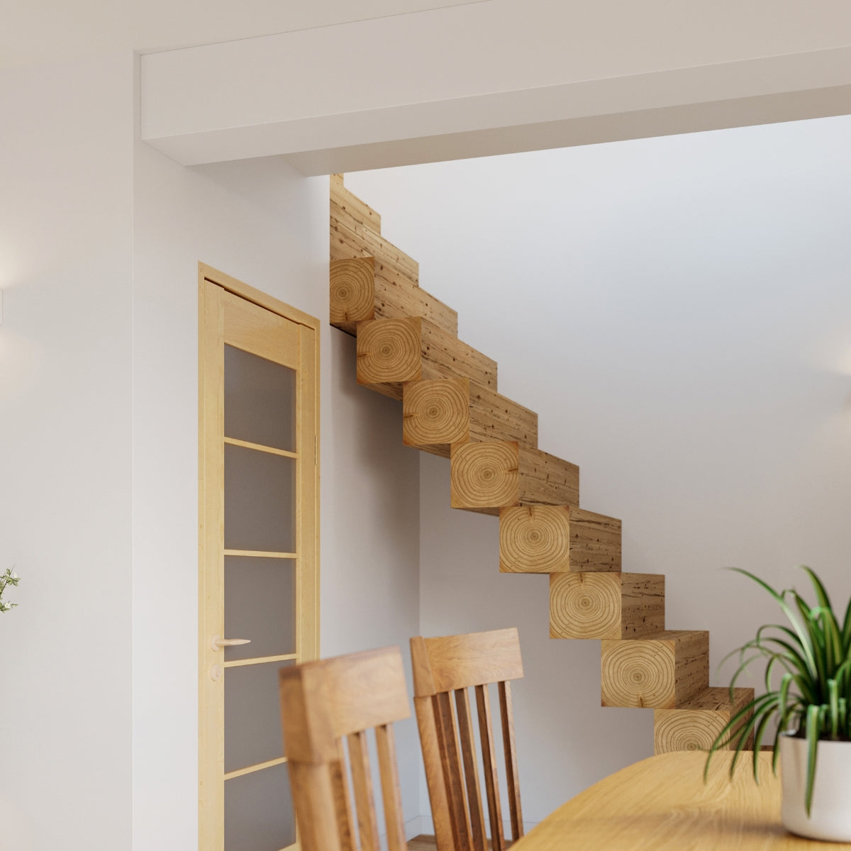 Modern dining area with wooden table and chairs featuring VEGA ceramic wall sconce by Sollux Lighting