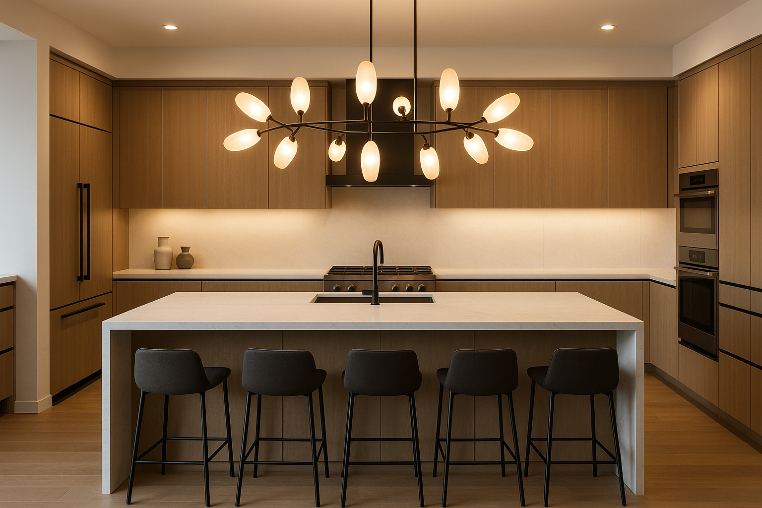 a modern kitchen featuring an island and a stunning feature light hanging above the island