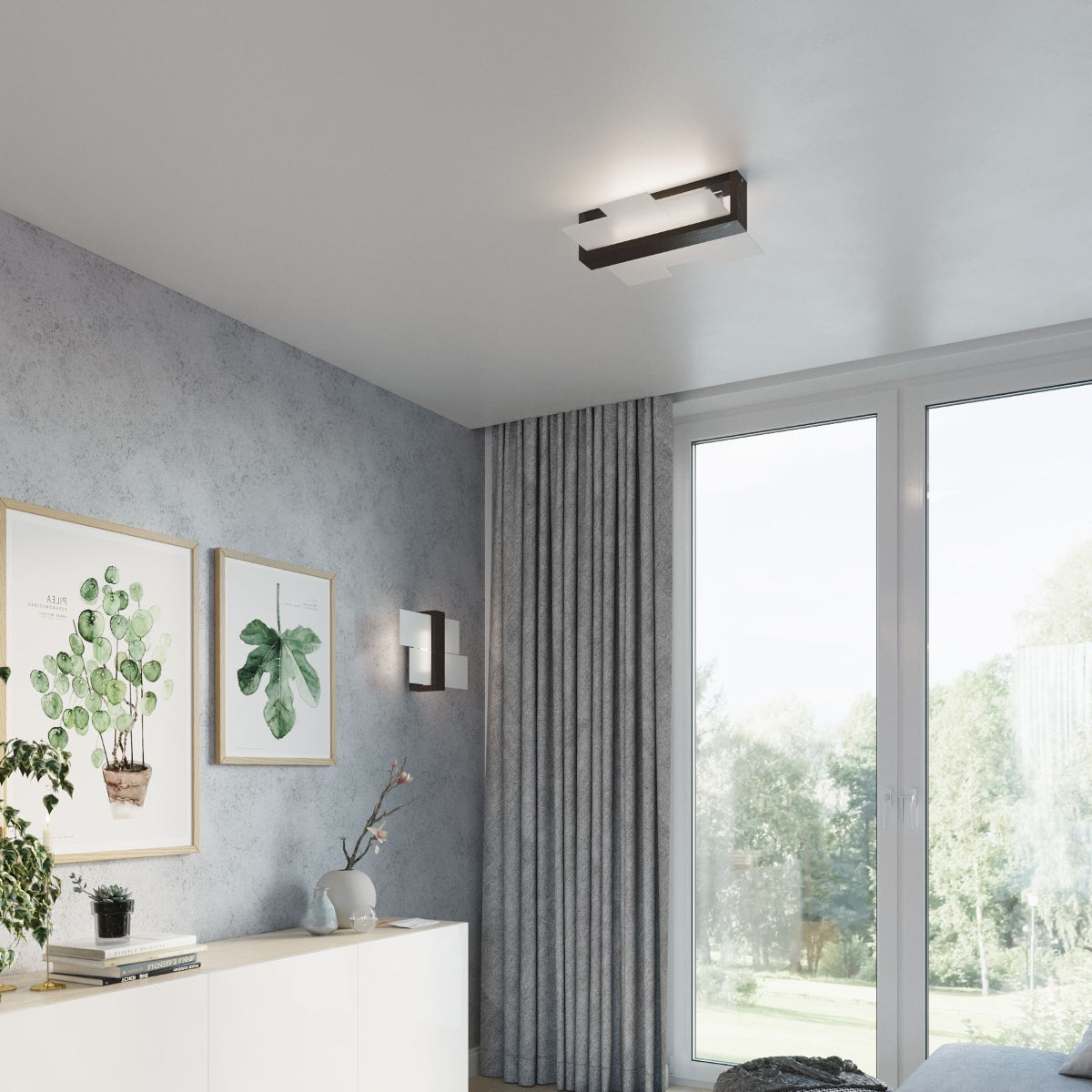 Modern gray living room corner with framed botanical prints sideboard and FENIKS 1 wall lamp for living room black sconce