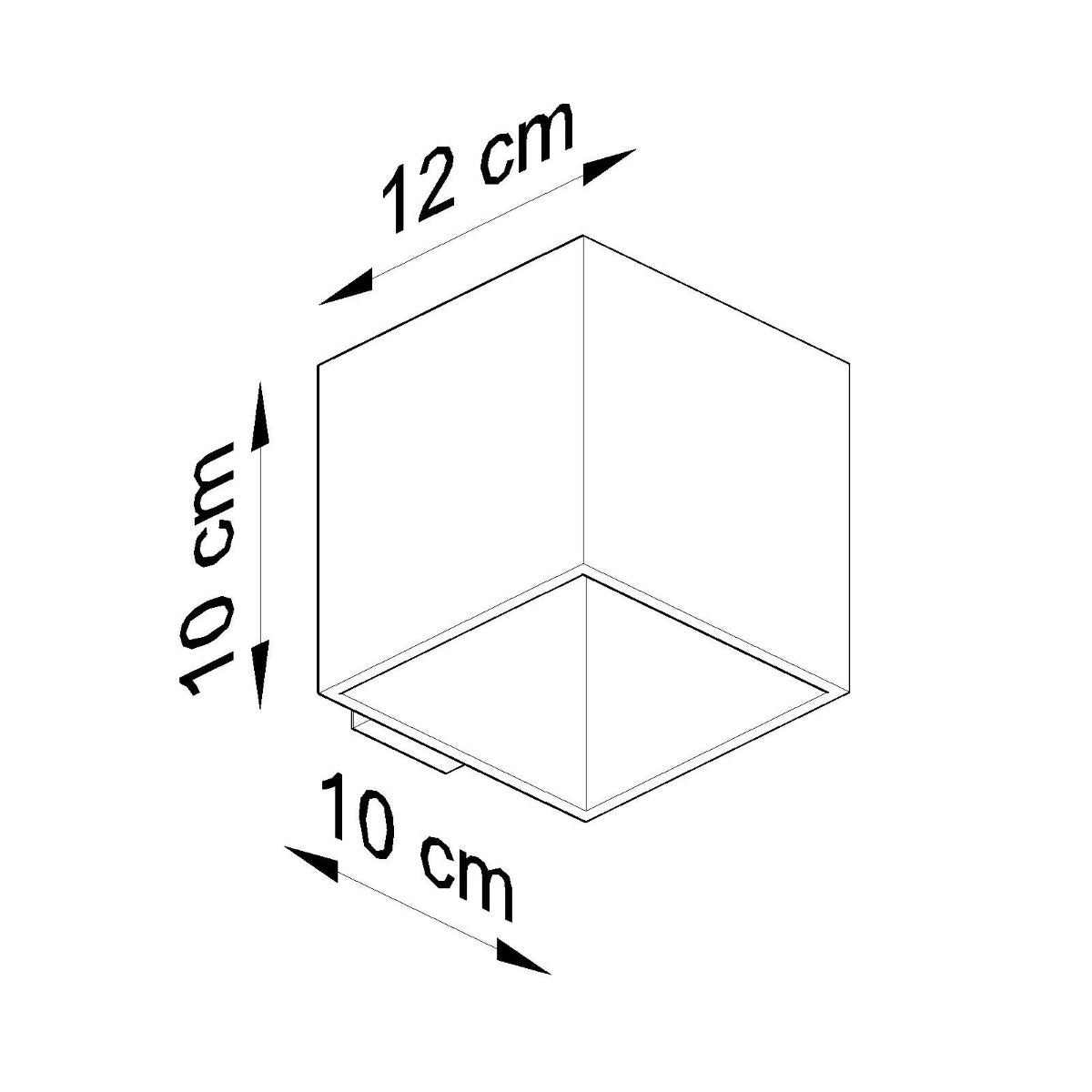 Diagram of modern black cube wall light with dimensions 12 cm width 10 cm height and 10 cm depth