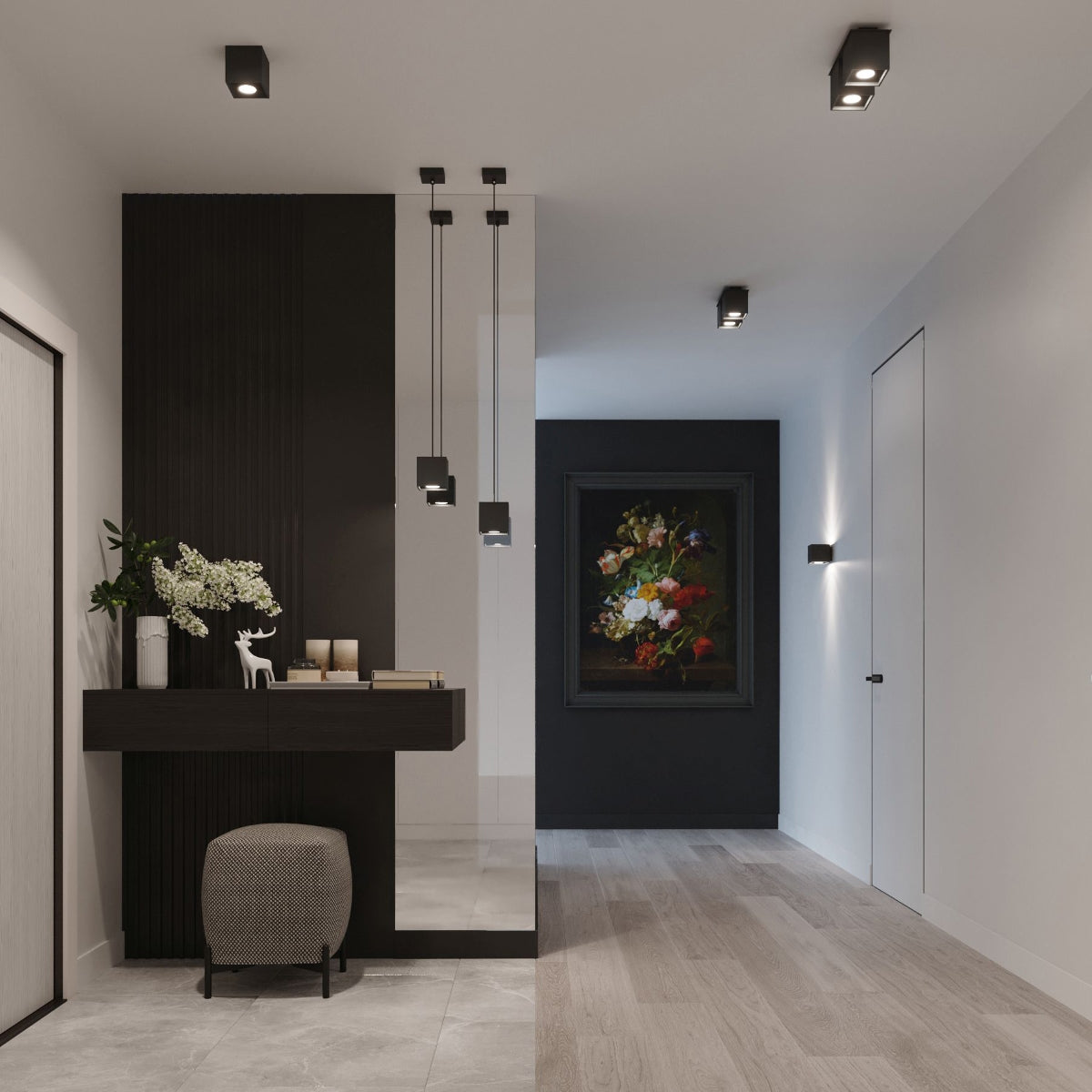Modern black cube wall light by Sollux Lighting installed in a stylish minimalist hallway
