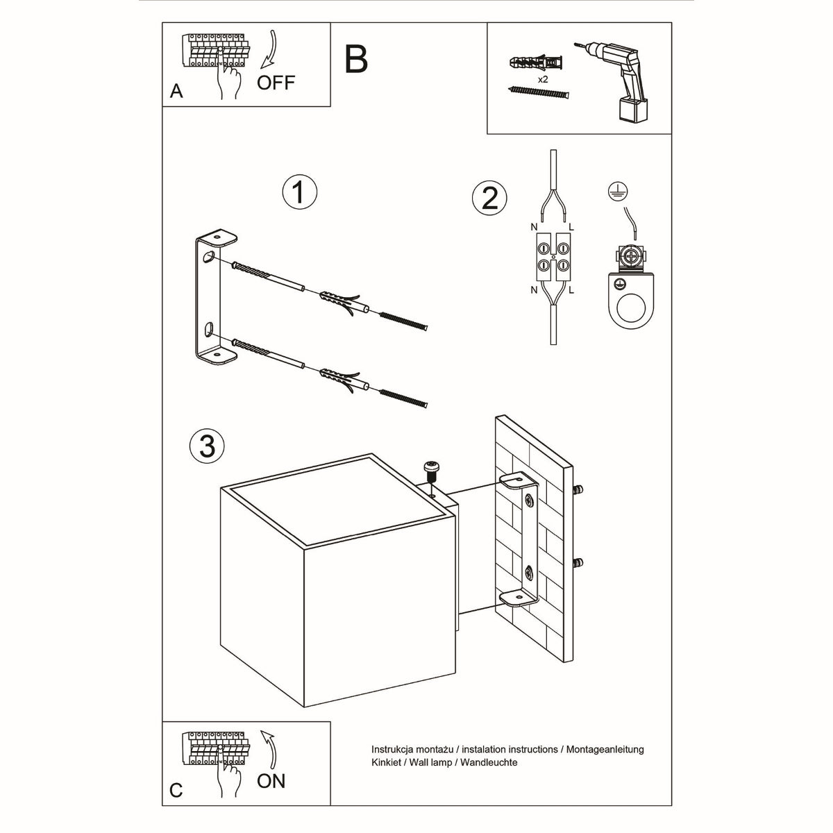 Installation instructions diagram for modern black cube wall light by Sollux Lighting showing electrical wiring and mounting steps