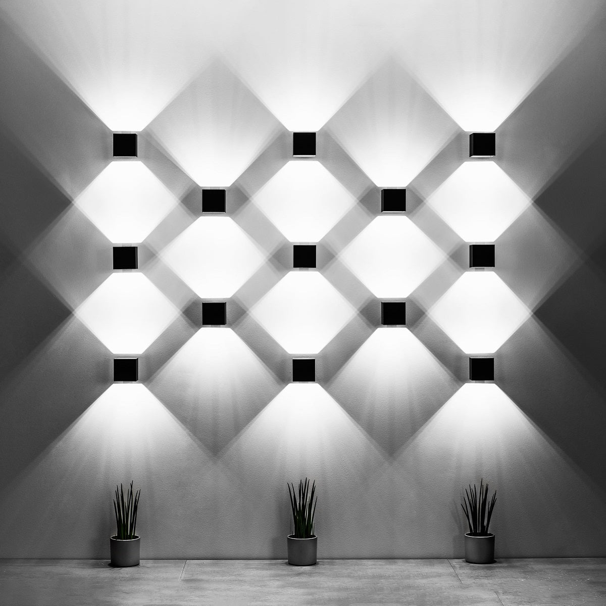 Sollux Lighting modern black cube wall light creating geometric light patterns on a gray wall with three potted plants below