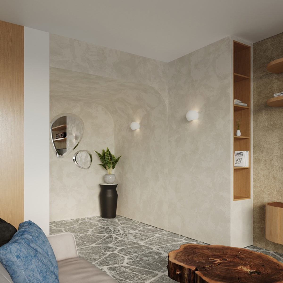 Modern ceramic wall lamp by Sollux Lighting mounted on beige textured wall in stylish living room