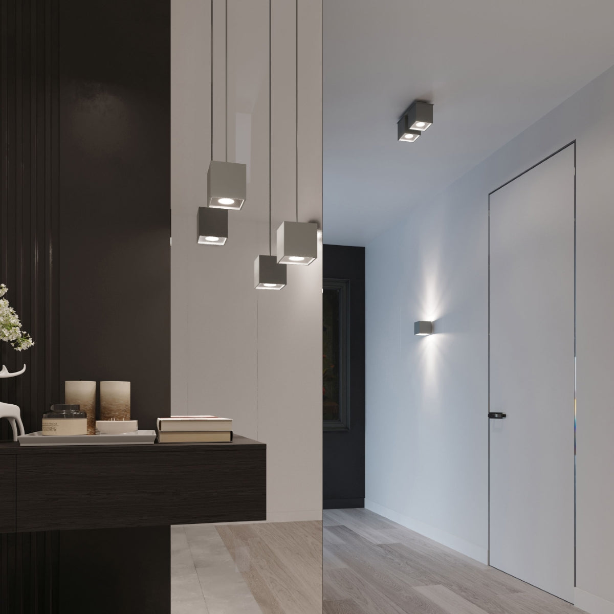 Modern grey cube wall lamp by Sollux Lighting in a contemporary hallway with wooden floor and minimalist decor