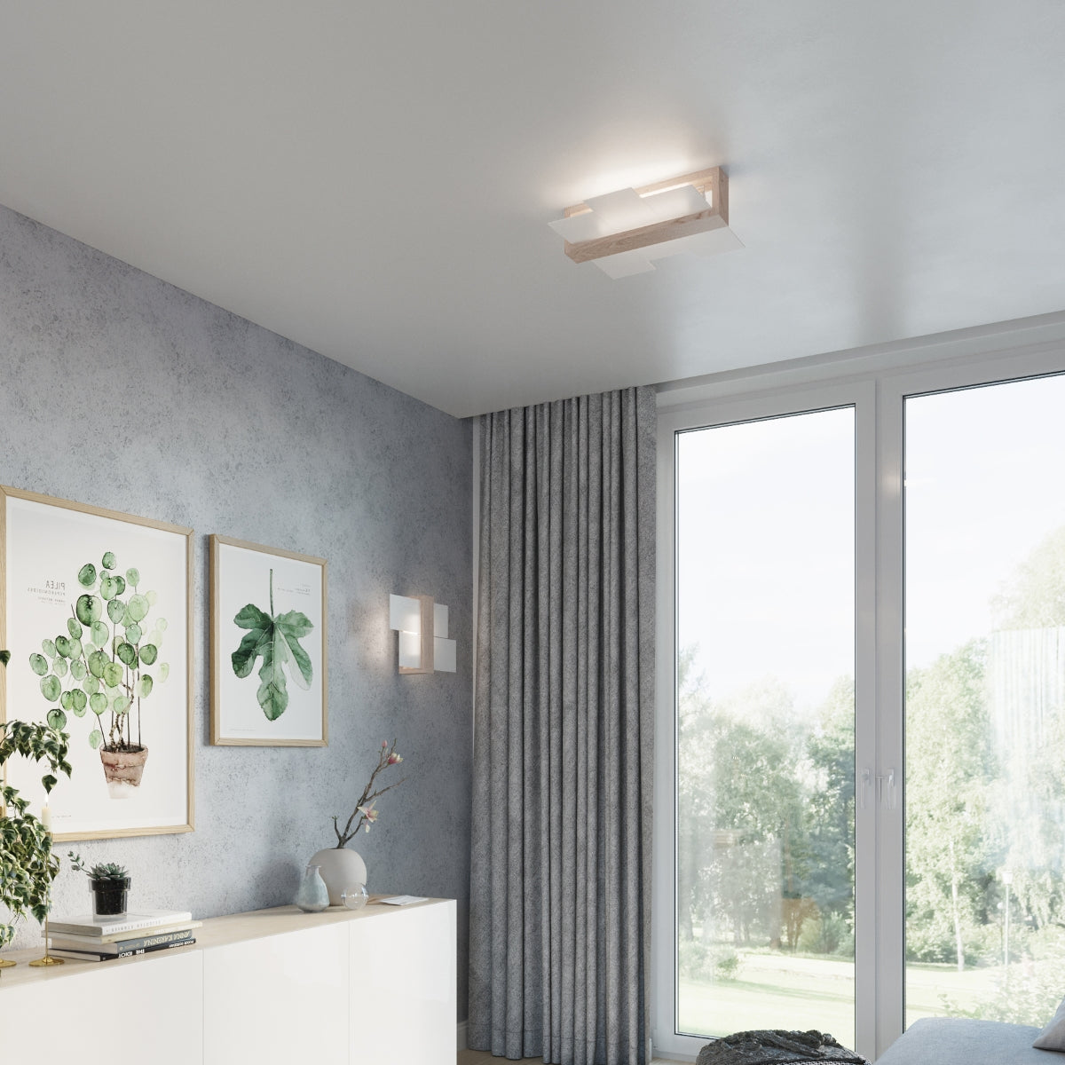 Natural Wood FENIKS 1 Wall Lamp illuminating a modern living room with plants and artwork