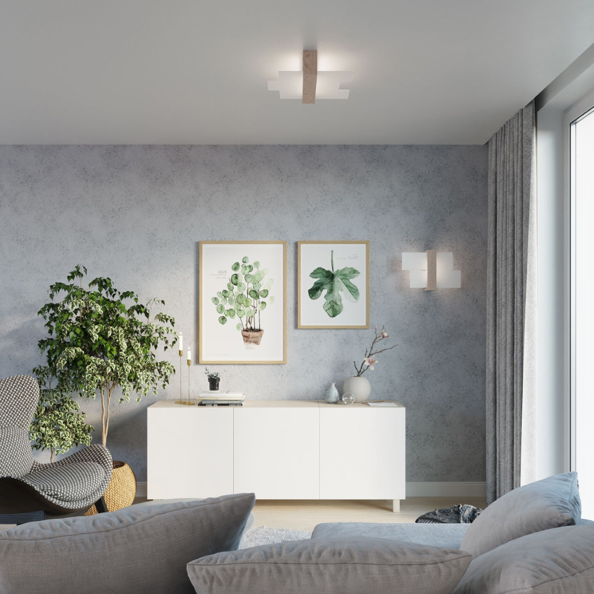 Modern living room featuring Natural Wood FENIKS 1 Wall Lamp and stylish decor elements