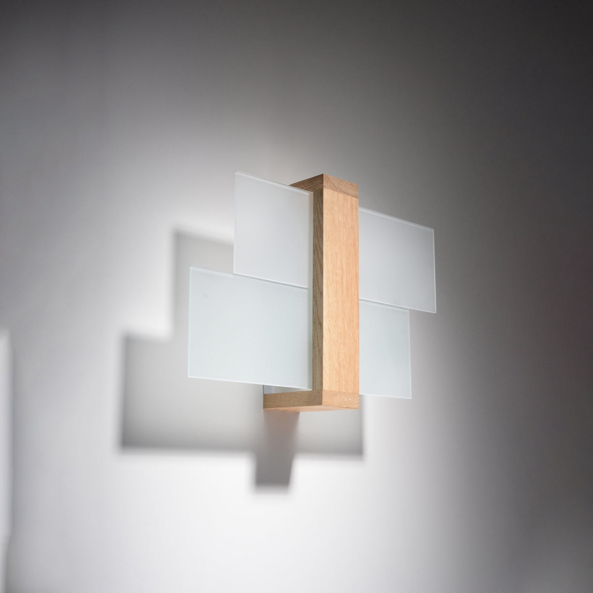 Natural Wood FENIKS 1 Wall Lamp with Frosted Glass Panels for Modern Home Decor