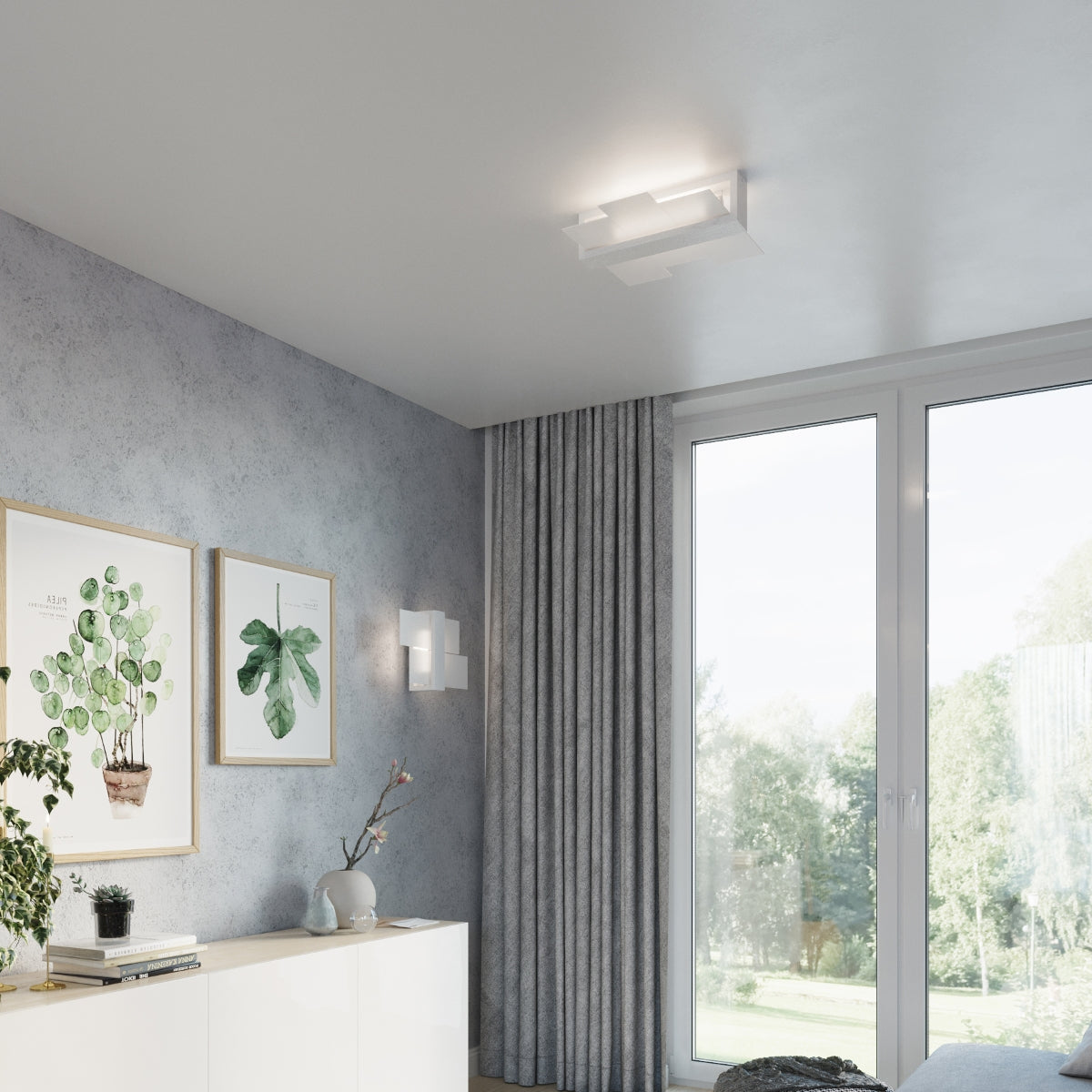 Natural Wood FENIKS 1 Wall Lamp White illuminating a modern bedroom with decorative plants
