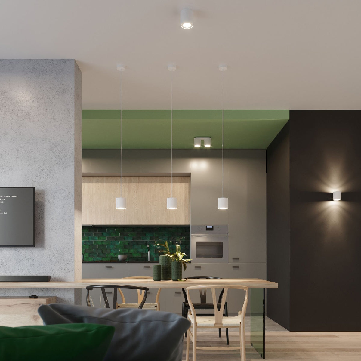 Modern kitchen with wooden dining table and ORBIS 1 wall lamp illuminating dark gray wall