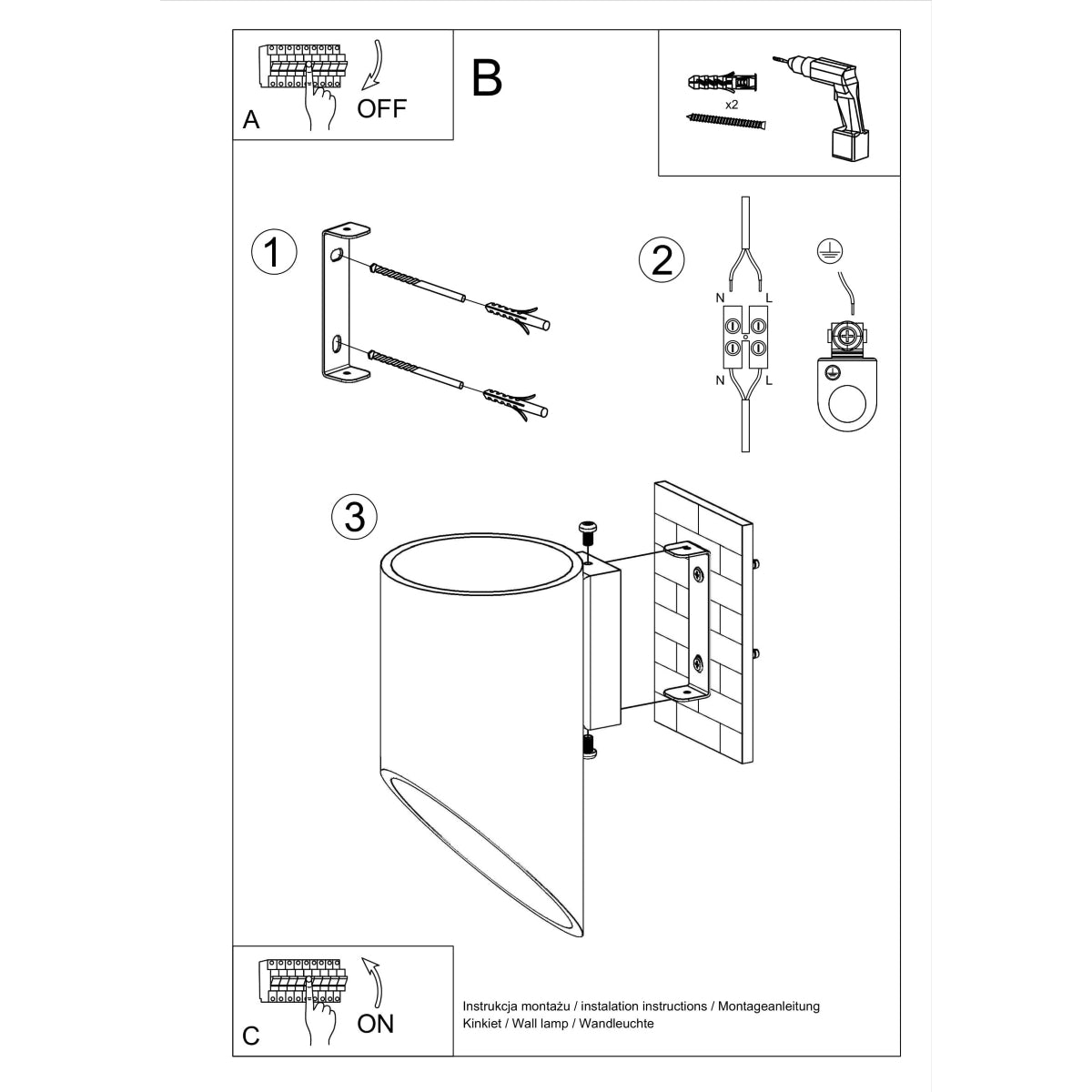 Installation instructions for PENNE 20 white wall lamp by Sollux Lighting with wiring diagram