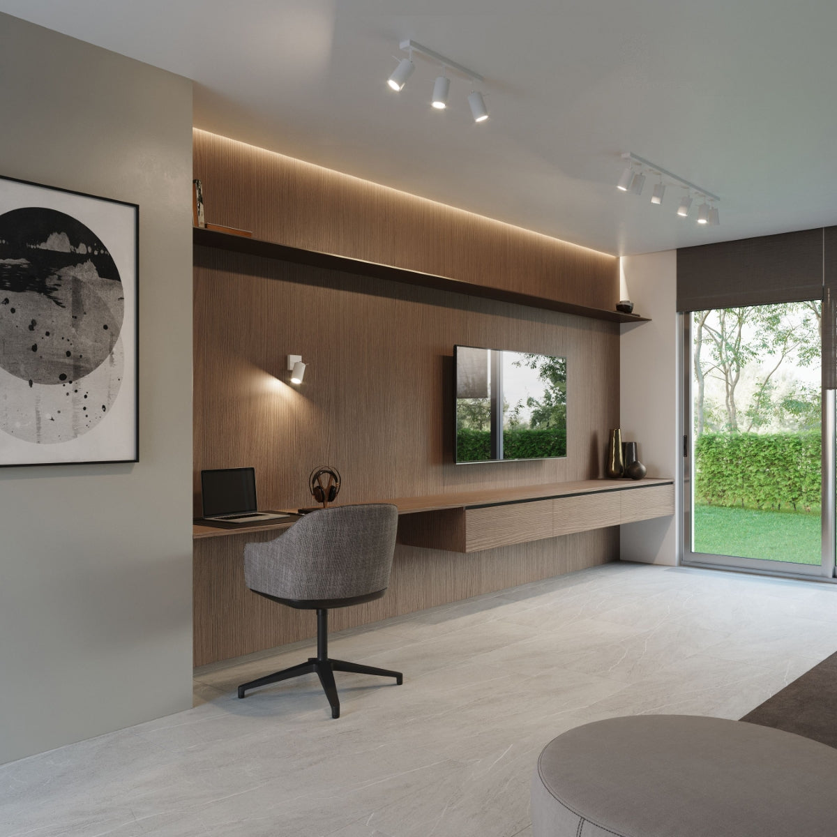 Stylish interior featuring RING White Minimalist Wall Lamp above a modern desk and cozy seating area