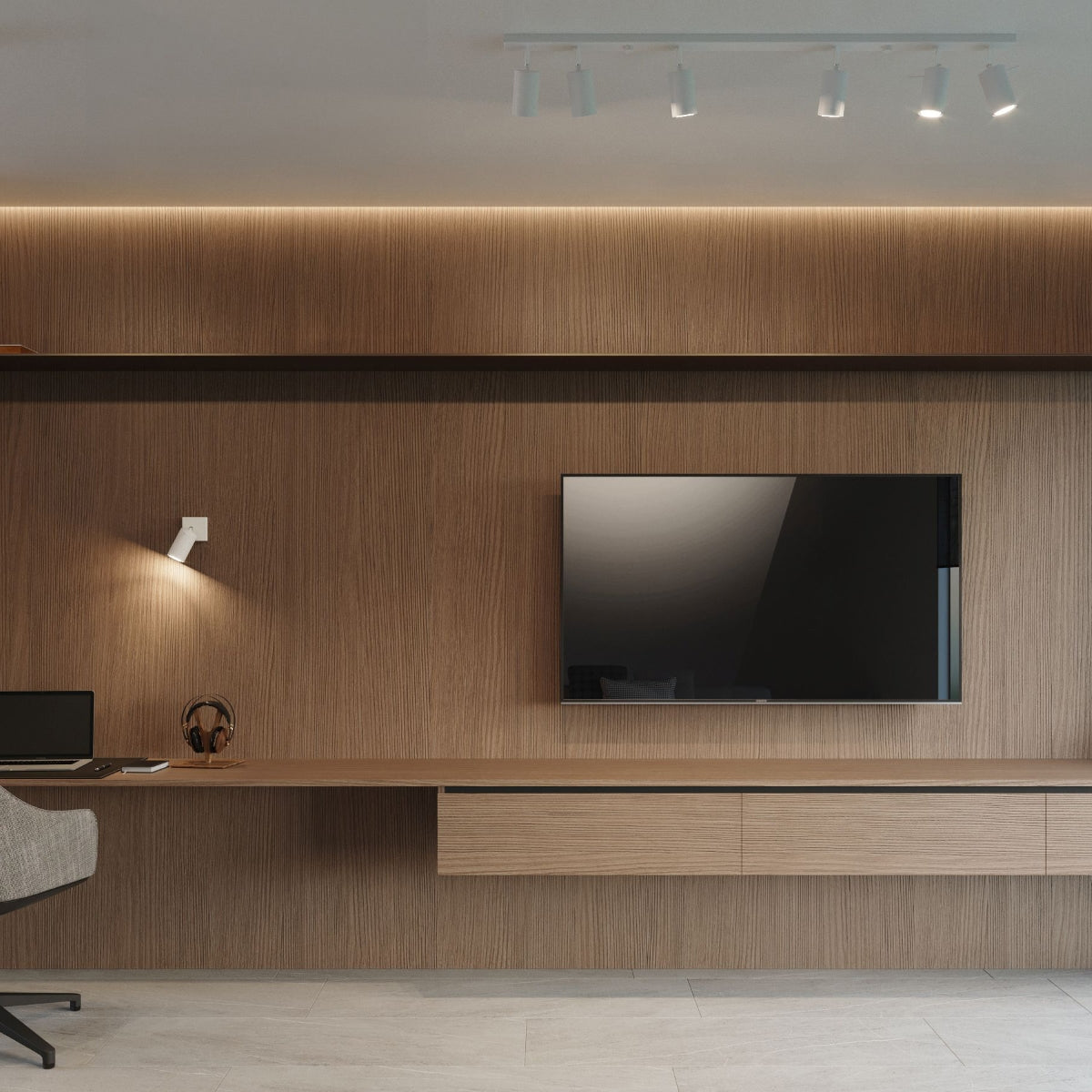 RING White Minimalist Wall Lamp illuminating a modern wooden wall in a stylish office setting